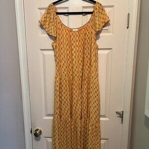 Knox Rose Women's Flutter Sleeve A-Line Yellow/Orange Midi Dress Boho Style Sz L